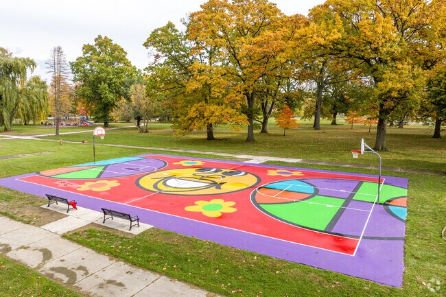 Stoepel Park's unique basketball court is a major draw, painted by a local artist.