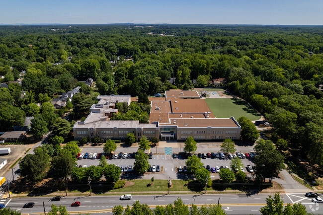 An aerial overview of Pine Street Elementary School.
