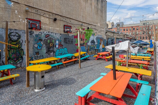 Old City Beer Garden is a seasonal outdoor beer bar with games and picnic tables in Old City.