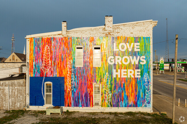 Driving into Greensburg, visitors are greeted by a beautiful mural on the side of the road.