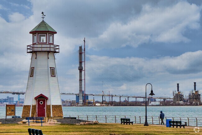 The Balenger Lighthouse sits on the Detroit River by the new Gordie Howe International Bridge.
