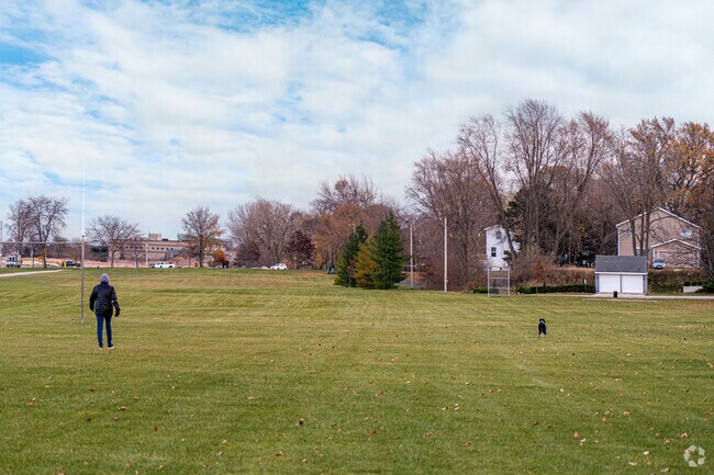 An Isetts resident takes her dog on an evening walk near Lake Michigan.