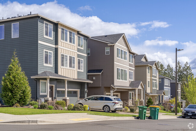 Ther are towering three level modern homes in the Neighbors Southwest neighborhood.