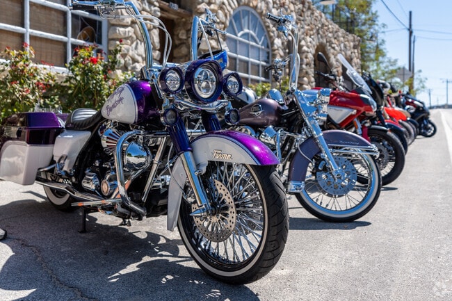Motorcycles lined up in front of the Rock Inn in the Lake Hughes.