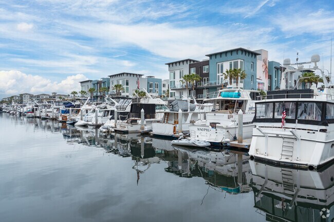 Boats docked at the marina with houses in the background in Channel Islands.
