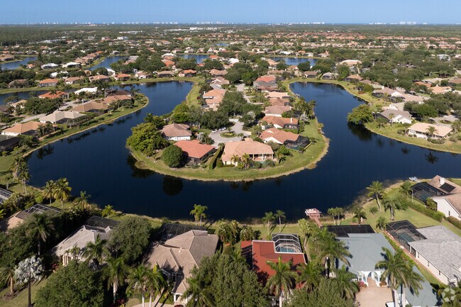 The view from above Longshore lakes shows the winding lake that makes up the community.