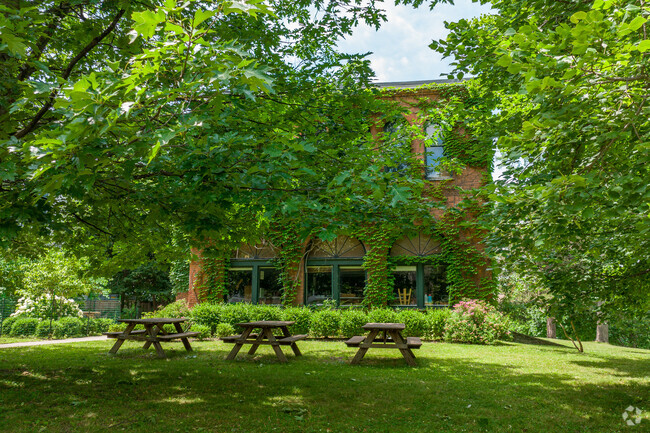 Cascadilla School is small but surrounded with trees and ivy.