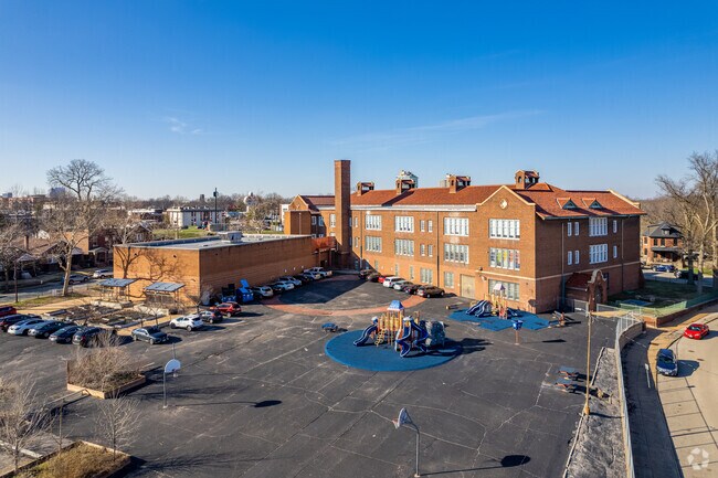 Brick exterior of Dewey Elementary School in Hi-Pointe reflects early 20th-century design.