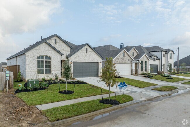 A row of newly built homes sits along a quiet street in Webster, Texas.