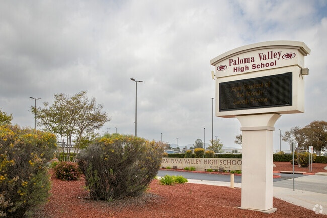 Digital sign for announcements in front of Paloma Valley High School in Menifee.