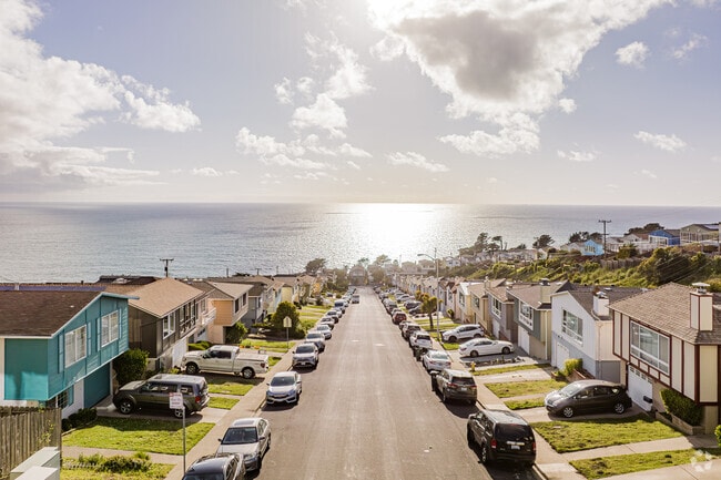 Some streets in Westlake look towards the Pacific Ocean.