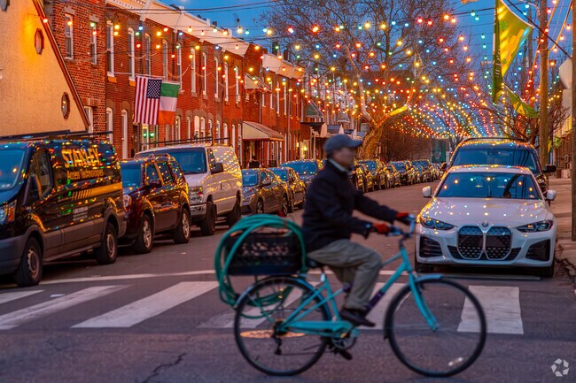 Whitman is famous for classic Philadelphia row homes with string lights across streets all year.
