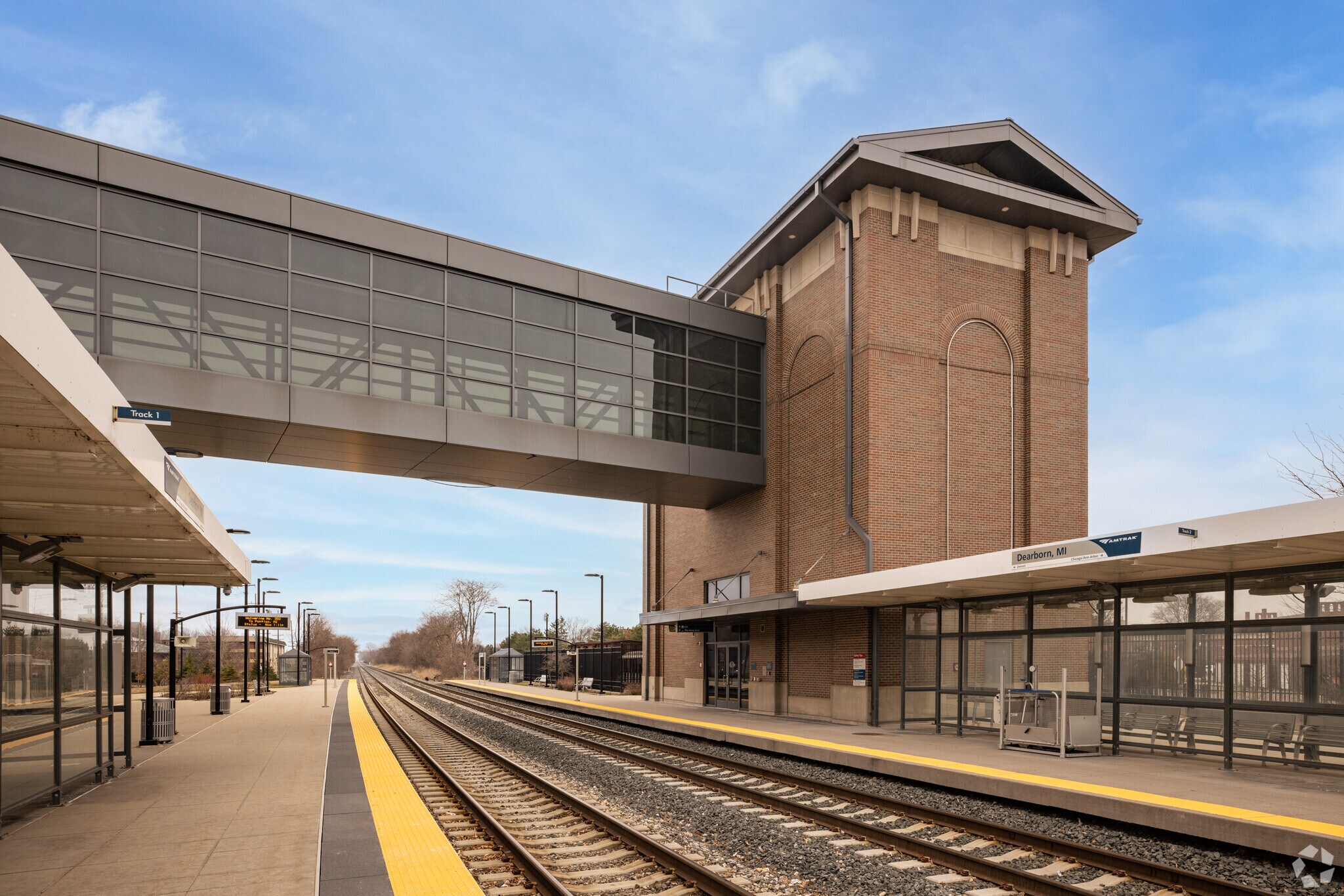 Trains and busses are available at the John D. Dingell Transit Center in Dearborn Hills.