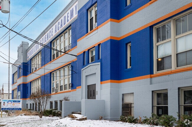 Horizon Science Academy-Denison Middle School' colorful building is a solid symbol of education.