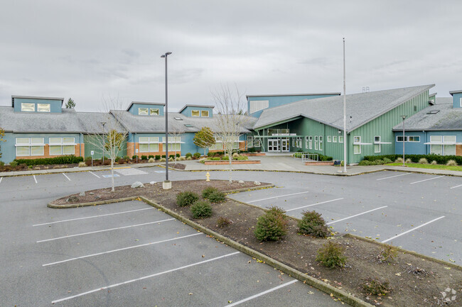 Front of Nelson Elementary School with plenty of parking space.