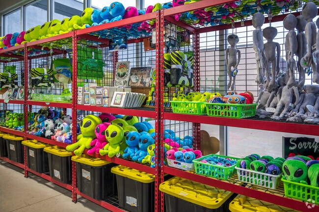 Main Street’s midcentury, Pueblo-style storefronts host dozens of gift shops selling alien-themed merchandise from T-shirts to “Abducted Cow” beef jerky and alien stuffed characters.