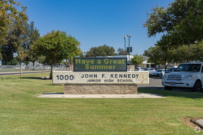 A lighted marquee in front of John F. Kennedy Junior High School informs parents of events.