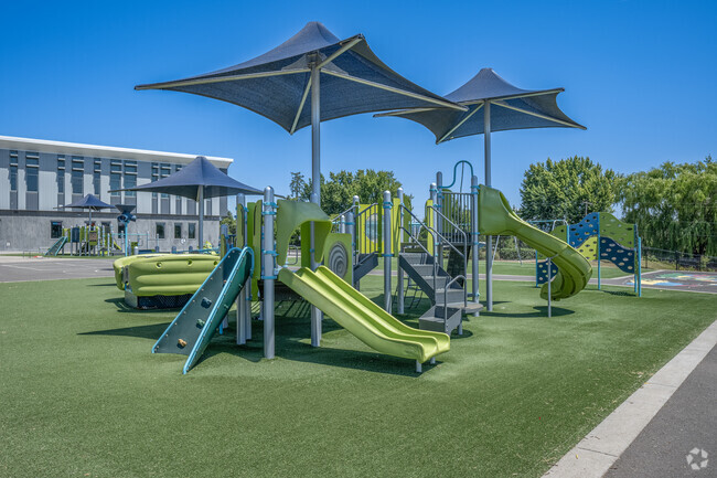 Colorful playgrounds at Vose Elementary School in the neighborhood of Vose in Beaverton, OR.