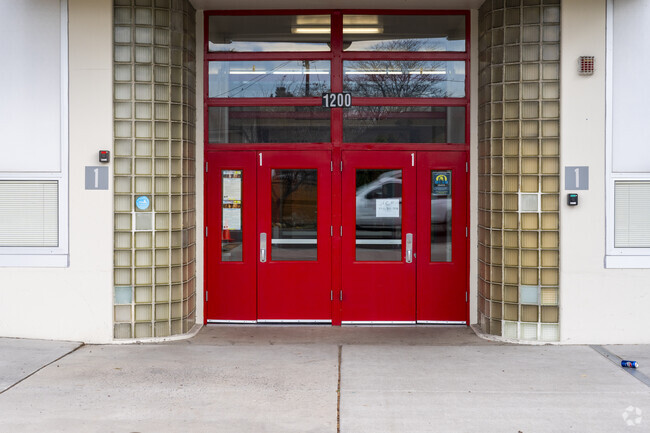 The front doors at Veterans Memorial Elementary School.
