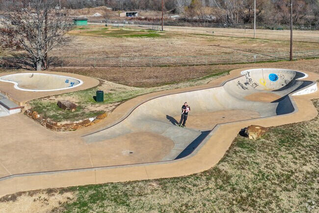 Hawthorne Park in Okmulgee has a skate park with multiple bowls and rails.