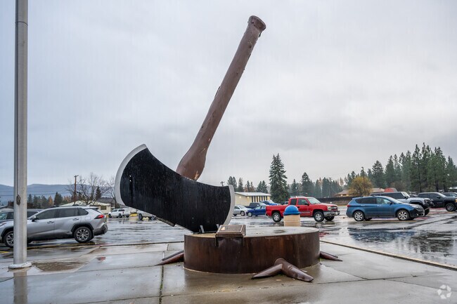Libby Middle High School features a giant axe statue in front of the school gym.