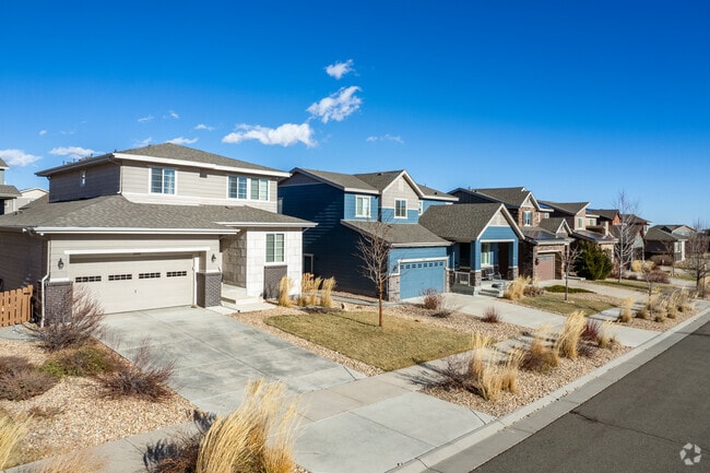 Two story craftsman homes line the streets in Candelas, Arvada, Colorado.