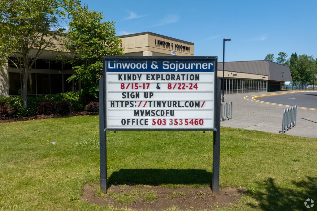 The school sign for Linwood Elementary and the Sojourner School in the Linwood neighborhood.
