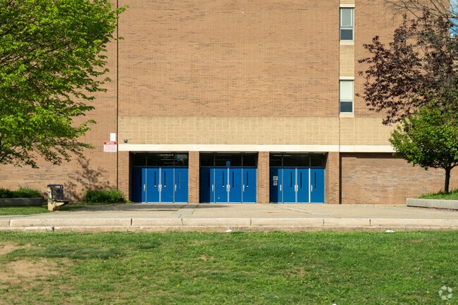 The front entrance of Loch Raven High School is painted royal blue in Hampton, MD.