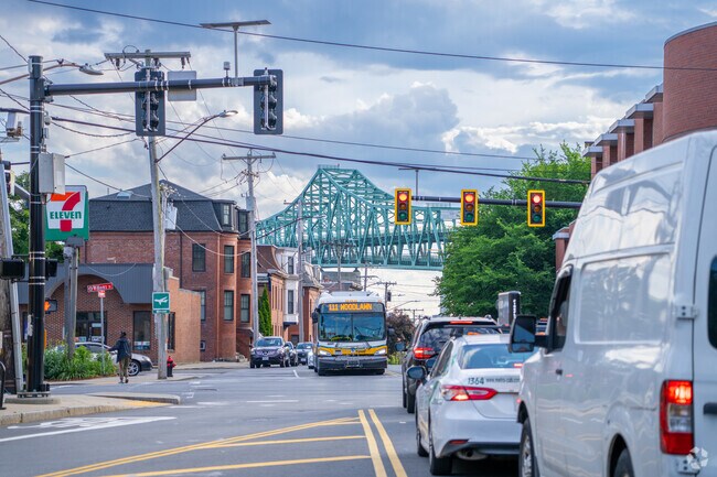 You will catch a glimpse of the Tobin Bridge from many streets in Bellingham Square.
