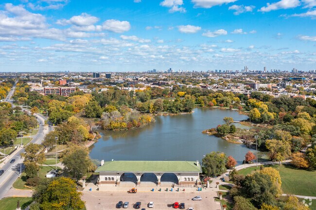 Overview of the lagoons and boathouse at Humboldt Park.