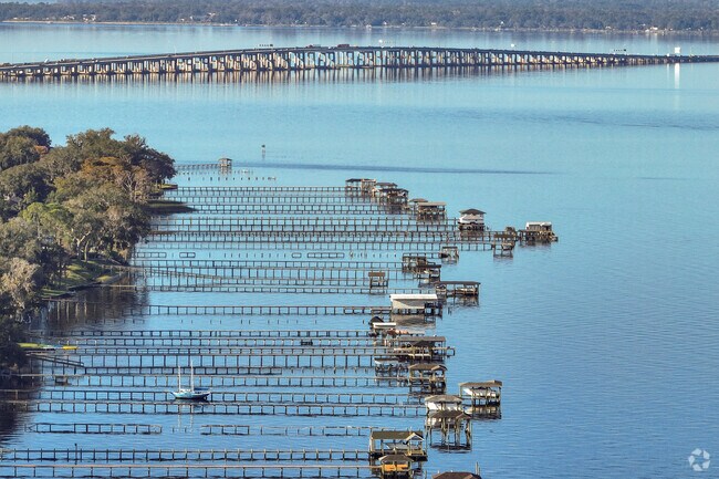 View of the private docks by the waterfront properties in Beauclerc.