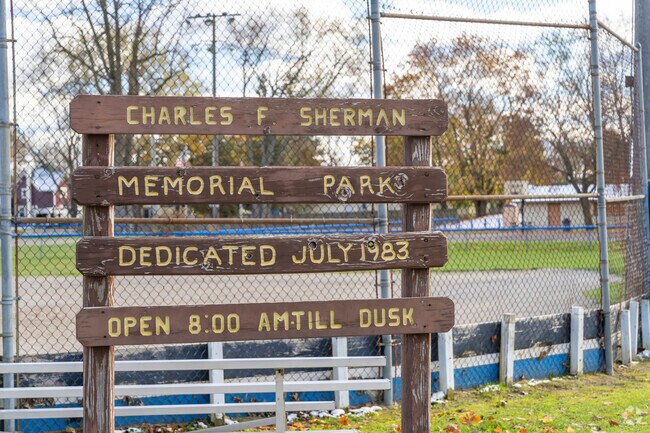Sherman Memorial Park features baseball fields and basketball courts.