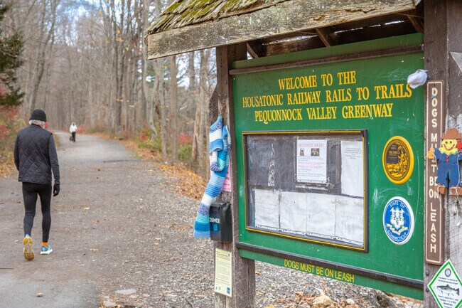 The Pequannock Valley Greenway sign invites West Trumbull residents to enjoy scenic trails.