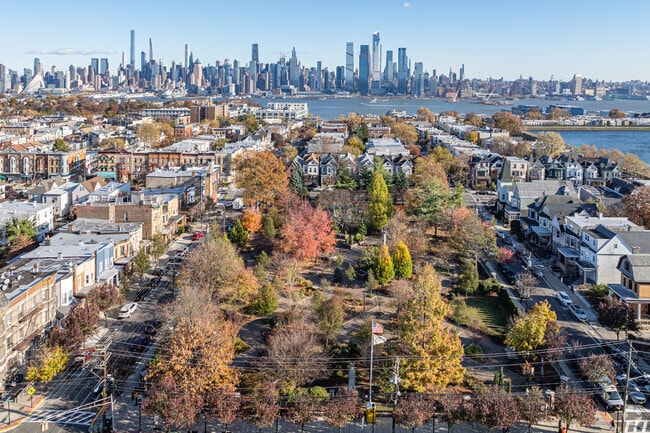 Stretches of connected row houses line Ellsworth Park in Union City.