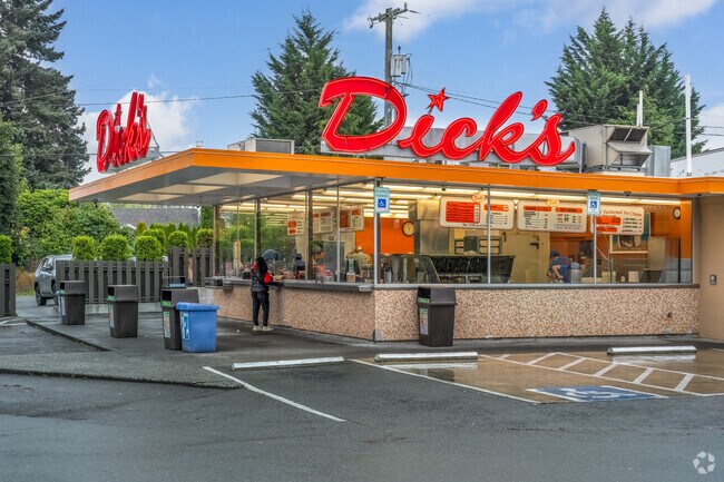 Dick's Drive-In near Olympic Manor is an iconic Seattle eatery for the late-night crowd.