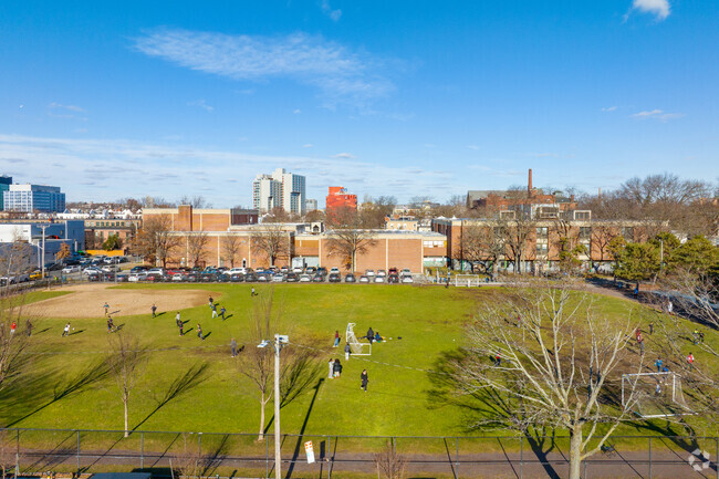 Students enjoy recess on Ahern Field behind Kennedy-Longfellow School in East Cambridge.
