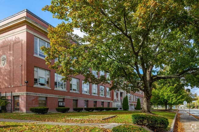 Hugh B. Bain Middle School is made of all brick and stone in Cranston.