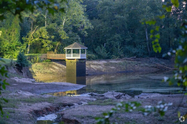 Lakewood Park in Ladonia features a small waterfall and viewing tower.