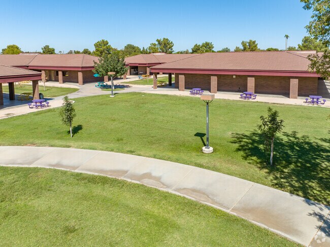 Picnic tables are available for Sanborn Elementary School students to eat lunch outside.
