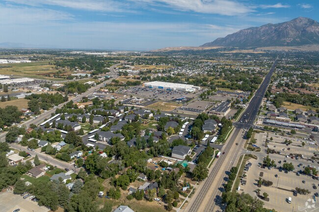 An aerial view of Harrisville shows this well planned neighborhood close to the mountains.