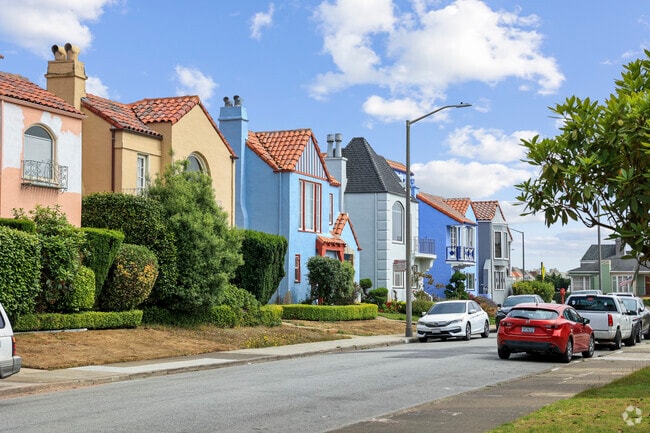 A colorful row of Mediterranean houses in Parkside.