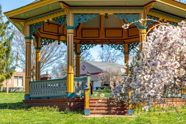 The Colorful Gazebo at Hopewell Borough Park is known as the Hopewell Volunteers Bandstand.