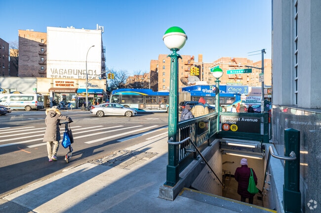 A Queens borough neighborhood, multiple subway lines and buses run through Elmhurst.