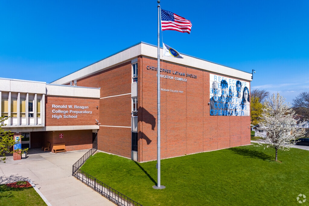 The entry of Ronald Reagan High School in the Castle Manor neighborhood.