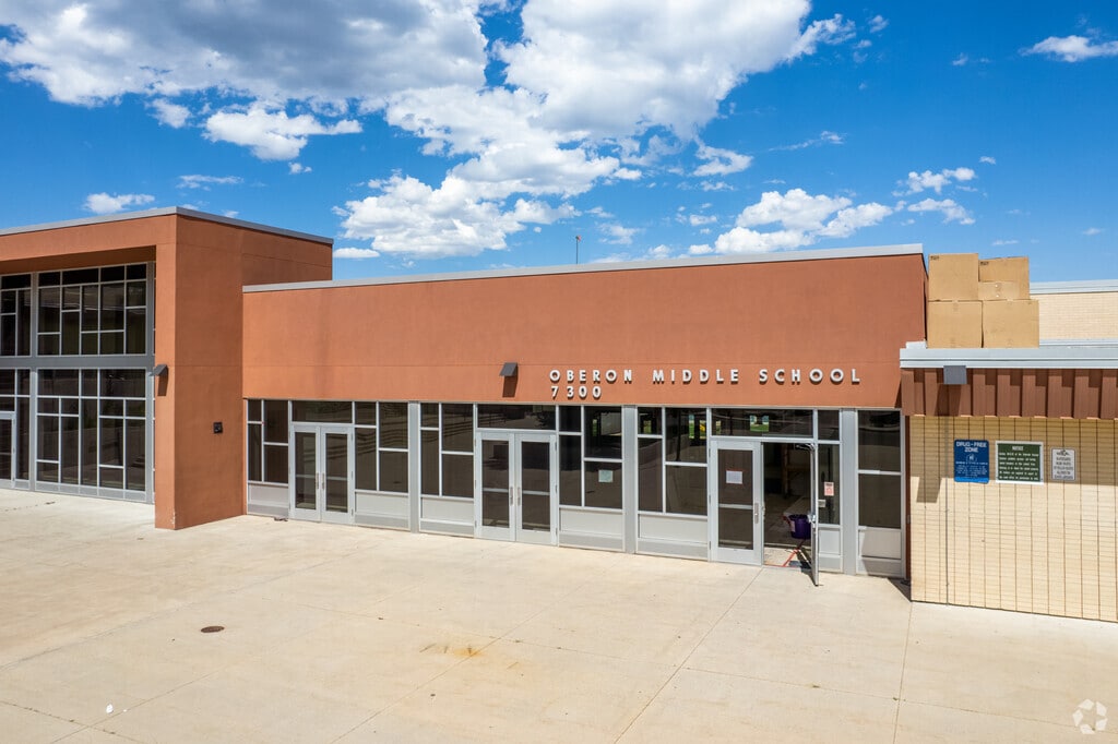 The entrance at Oberon Middle School in Lakecrest in Arvada, Colorado.