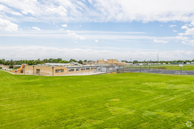 The large green space for students at Metropolitan Arts Academy in Westminster, Colorado.