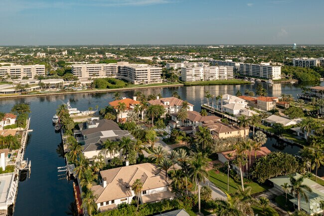 Aerial view of various home styles in the Tropic Isle neighborhood in Delray Beach, FL.
