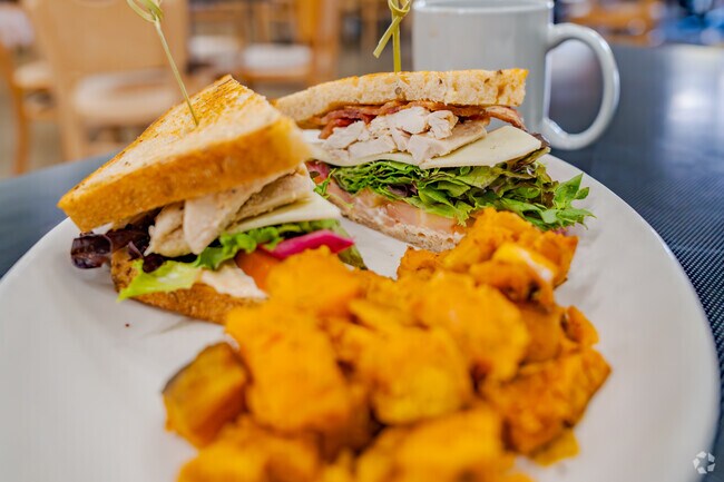 Enjoy a delicious chicken sandwich with a side of sweet potato from Sleepy Bees in College Hill.