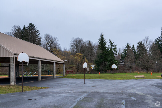 Basketball courts sit behind the Stevenson Elementary School.