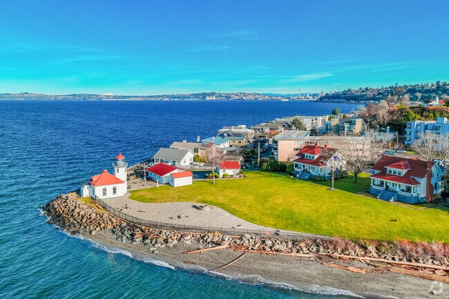 The Alki Point Lighthouse juts out into the Puget Sound and is a well-known landmark.